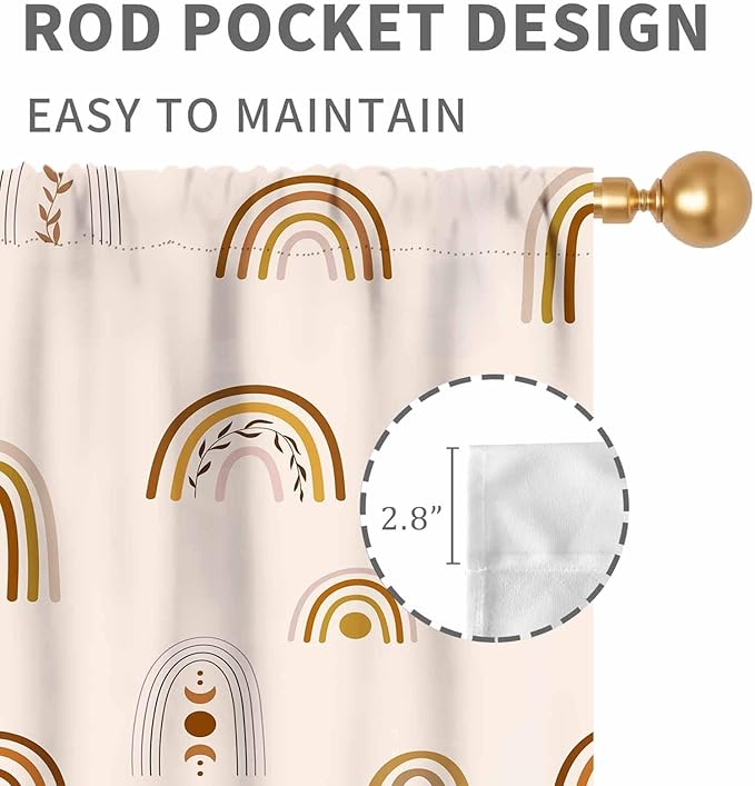 Rainbow Curtains, Boho Pastel Cute Cartoon Aesthetic Art Printed Beige Blackout Decorative Drapery for Kids Girls Baby Bedroom Living Room Classroom Nusery Bathroom Windows 2 Panels, 84"x63" Inch