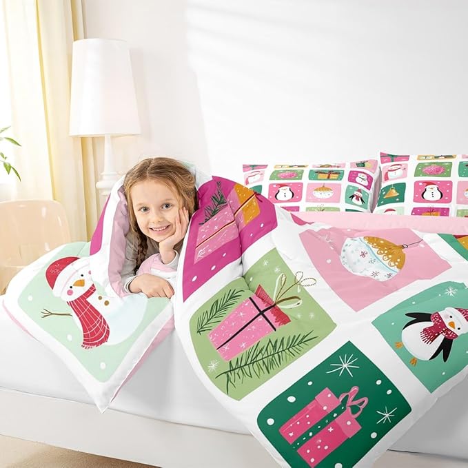 Feelyou Happy New Year Bedding Set Soft for Boys Girls, Christmas Decor Comforter Set Twin Size Merry Christmas Duvet Quilt Microfiber Winter Penguin Bedroom Decor 2 Pcs with 1 Pillow Cases