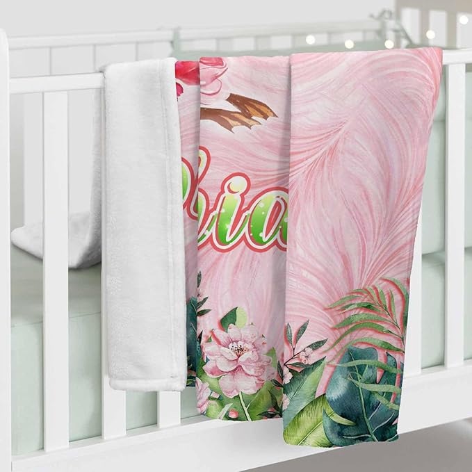 Personalized Baby Blanket for Girls Boys on Christmas Birthday, Ship Next Day, Pink Flamingo Blankets- Printed in USA, Custom Toddlers Blanket with Name for Baby Shower Kids Teens Toddlers Newborn
