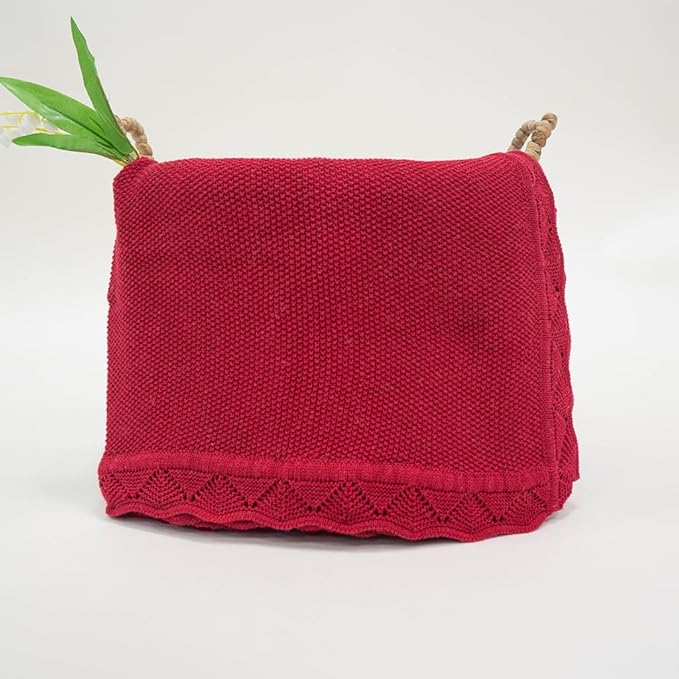 Baby Knit Blanket Soft Breathable Cotton Scallop Border Blankets Newborn Knitted Blanket Swaddle Blankets Gifts for Baby Newborn Toddler Shower Boy Girl New Mom Birthday Christmas Red 30x40