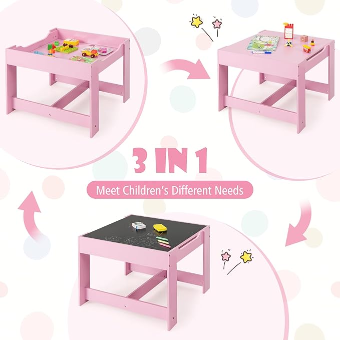HONEY JOY Kids Table and Chairs, 3-in-1 Children Wooden Activity Set with Storage, Detachable Tabletop, for Art, Craft, Drawing, Reading, Gift for Toddlers Boys Girls 3-7 Years Old (Pink)