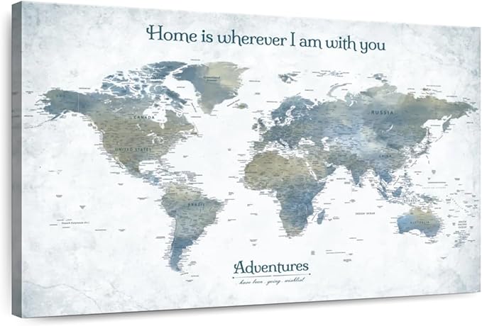 ElephantStock - Home With You II Push Pin World Map Wall Art - Horizontal Canvas Wall Art - Living Room Wall Decor - Digital Art Map Canvas Art - Blue And Gray Decor - 24" x 16"