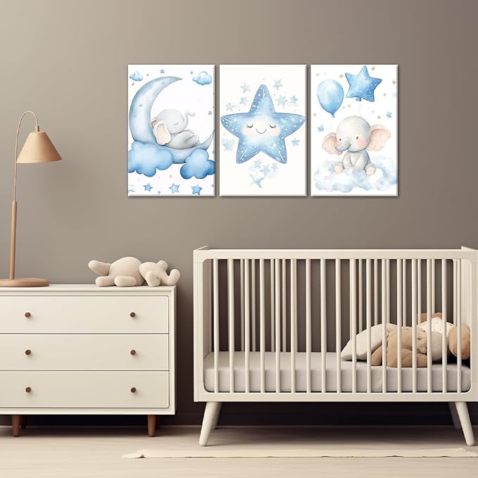 Nursery Wall Art Baby Boy Wall Decor Blue Elephant Moon and Stars Painting Prints Cute Animal Canvas Poster for Kids Room Decor Framed(Baby-2,20L x 28W x 3Pcs)