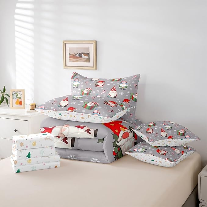 Christmas Gnomes Comforter Set With Sheets 7 Piece Queen Size Cute Snowflakes Candy Bedding Set for Kids Boys Girls Grey Bed in a Bag Reversible Xmas Decor Room Decor Soft Lightweight Microfiber