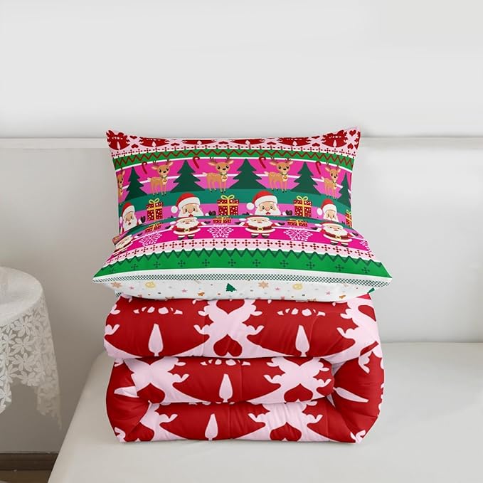 Feelyou Merry Christmas Comforter Set All Season Santa Claus Bedding Set with 2 Pillow Cases Cute Deer Microfiber Kids Full Bedclothes Snowflake Bedroom Decor Duvet Quilt Breathable Soft