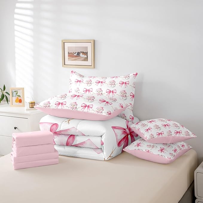 7 Pieces Cartoon Snowman Kids Comforter Twin,Pink Bowknot Bow Tie Princess Toddler Bedding Set,Merry Christmas Xmas Bow New Year（Comforter+Fitted+Flat Sheet+2 Pillowcases+2 Throw Pillow Covers）