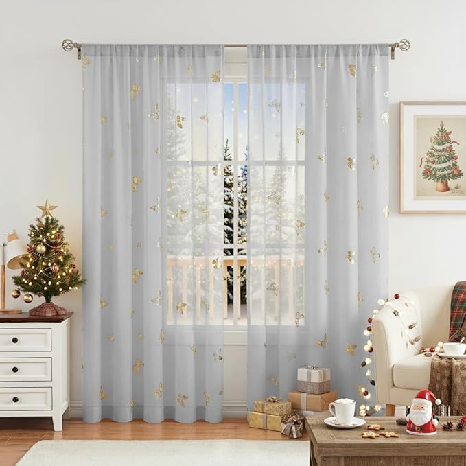 Jubilantex Grey Sheer Curtain with Gold Butterfly Pattern for Kids Room, Linen Textured Rustic Metallic Print 95 Inch Rod Pocket Window Drapes for Girls Bedroom Living Room, 2 Panels
