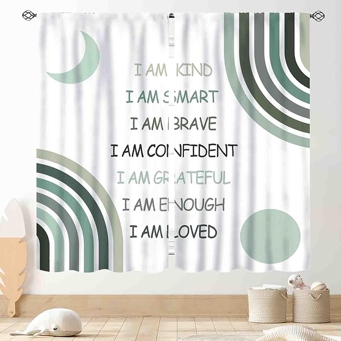 Rainbow Curtains for Girls Bedroom, Boho Rianbow Quotes Inspirational Motivational Positive Colorful Pastel Green Window Drapery for Baby Kids Living Room Toddler Nursery Classroom, 63"x63" Inch