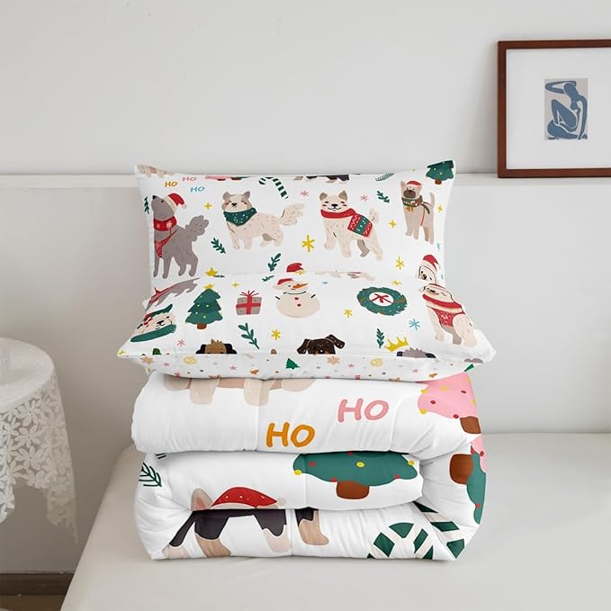 Erosebridal Merry Christmas Quilt Toddler Size Cartoon Dog Comforter Set for Teens Kids Boys Xmas Tree Snowman Bedding Set Cute Pug Puppy Animal Duvet Insert with 1 Pillow Case