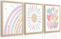 LLEEMPI Pink Heart Sun Rainbow Wall Art Set of 3, Baby Room Wall Decor, Boho Rainbow Nursery Canvas Painting, Classic Minimalist Poster Prints for Bedroom Bathroom Classroom Wood Framed 16x24 Inch