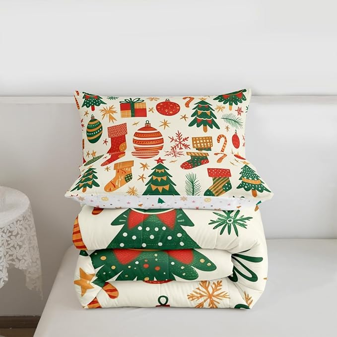 Feelyou Christmas Comforter Set All Season Xmas Tree Bedding Set with 2 Pillow Cases New Year Gift Microfiber Kids Queen Bedclothes Christmas Stockings Bedroom Decor Duvet Quilt Breathable Soft