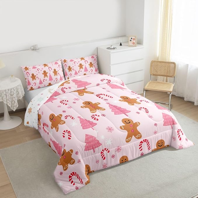 Feelyou Cute Gingerbread Man Comforter Set All Season Pink Christmas Tree Bedding Set with 1 Pillow Cases Candy Cane Kids Twin Snowflake Room Decor Christmas Duvet Quilt Breathable Soft Lightweight
