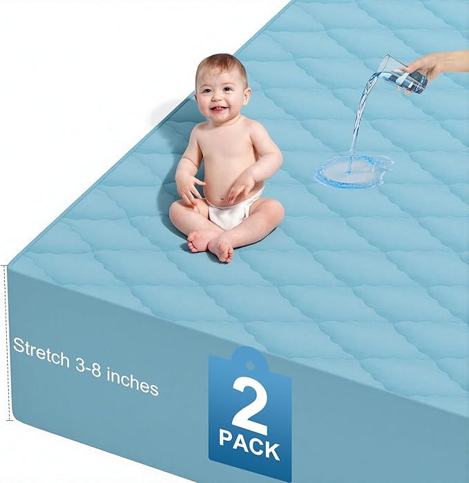 2Pack Waterproof Crib Sheets- Cotton 24X38 Fitted Crib Sheets Crib Mattress Protector Sheets,Soft Bed Sheets,Washable Little Bed Sheets (Blue, 24 * 38inch)