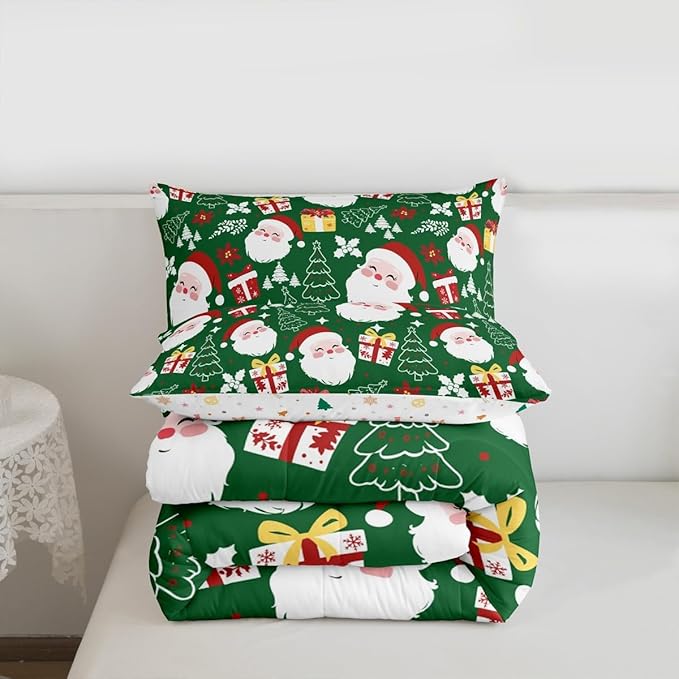 jejeloiu Santa Claus Comforter Set Queen Size Merry Christmas Bedding Set for Kids Boys Girls Xmas Themed Duvet Quilt Green Bedroom Decor