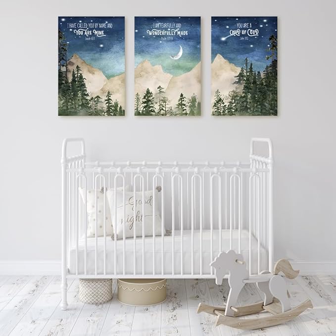 Nursery Scripture Wall Art, Set of 3 Nursery Bible Verse Wall Decor, Star Night Mountain Forest Wall Art, Nature Woodland Decor Canvas Prints, Inspirational Christian Kids Art, Framed 16"x24"