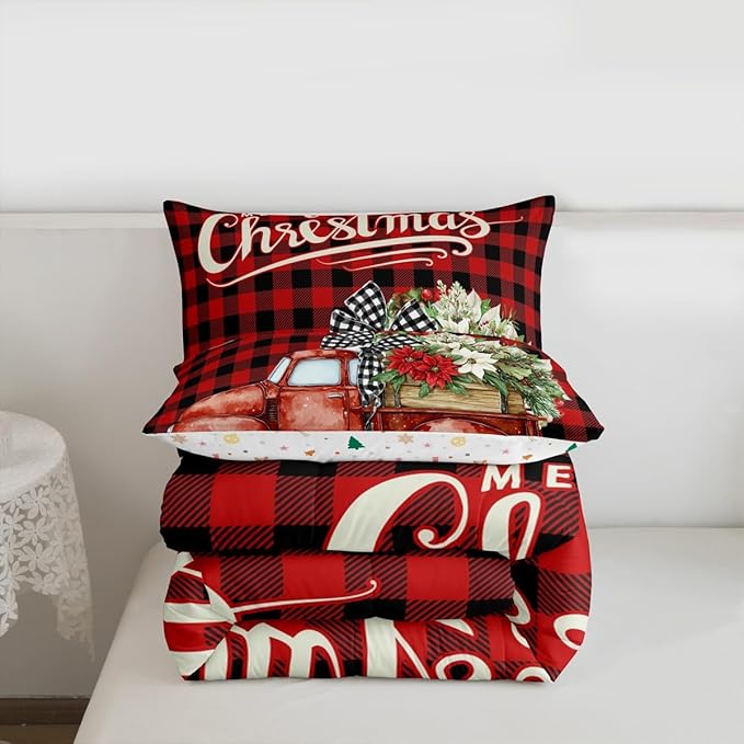 Kids Christmas Truck Comforter Set Queen Size,Floral Leaves Romantic Bedding,Girls Boys Adults Bedroom/Xmas Cabin Decor,Geometric Plaid Retro Down Comforter,Rustic Farm Duvet Insert,2 Pillowcases