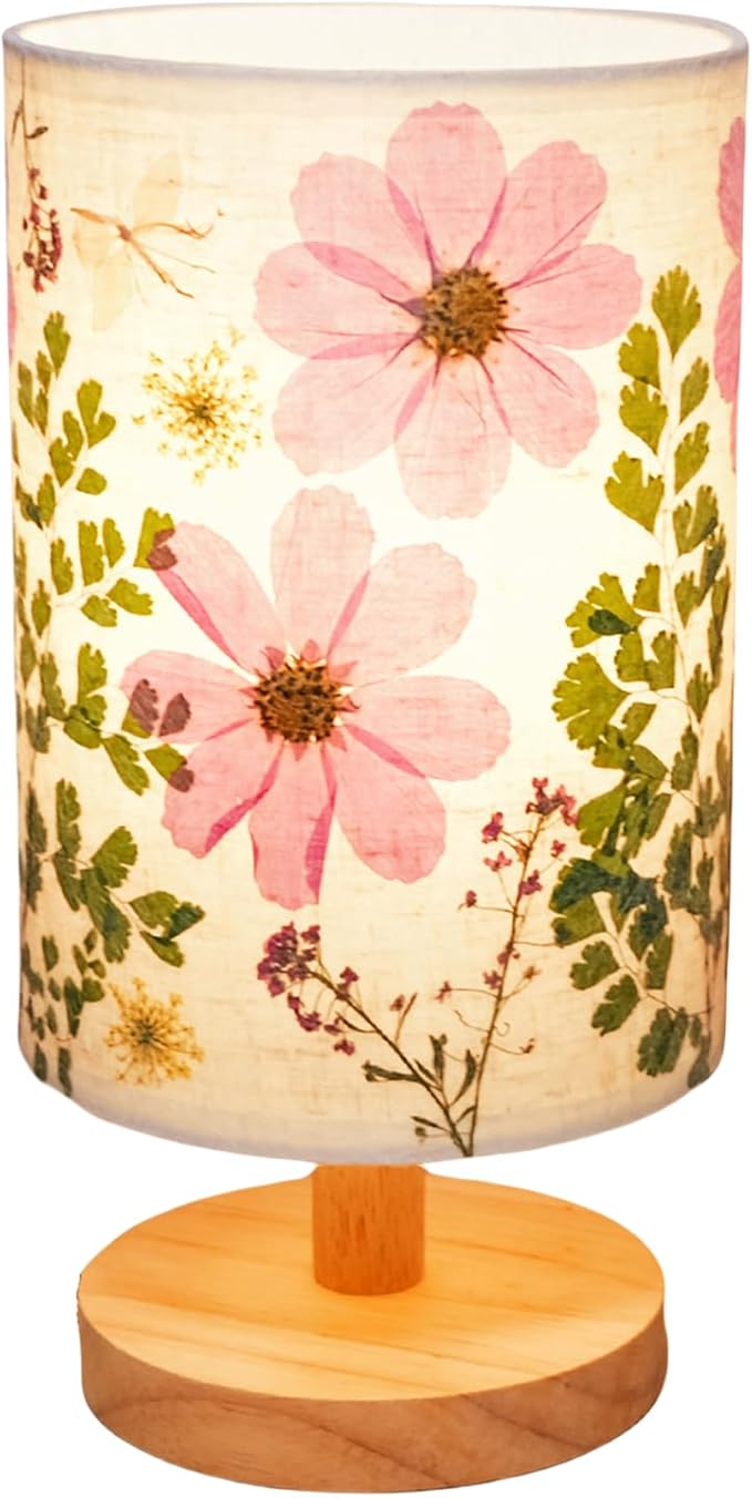 Dried Flowers Small Table Lamp 5W LED 3-Color Pressed Flower Bedside Lamp Linen Shade with Wood Base for Bedroom Living Room Desk Nursery