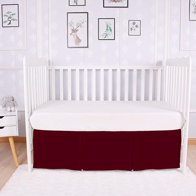 Box Pleated Mini Crib Bed Skirt Premium 100% Cotton 800 Thread Count Nursery Crib Toddler Bedding Crib Bedskirt for Baby Boys or Baby Girls, (24" x 38") + 10" Drop Lenght - Burgundy Solid