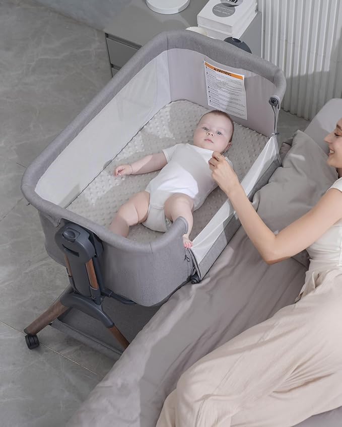 Baby Bassinet - Bassinet Bedside Sleeper,3-in-1 Bedside Bassinets for Baby,Rocking Bassinet with Comfy Mattress,Wheels,Breathable Mesh& Storage,6 Height Adjustable Crib,ASTM Certified(Grey)