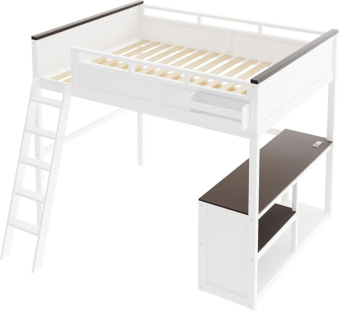 Bellemave Queen Loft Bed with Desk, Queen Size Loft Beds with Storage Shelves for Kids Adults Boys Girls Teens, White