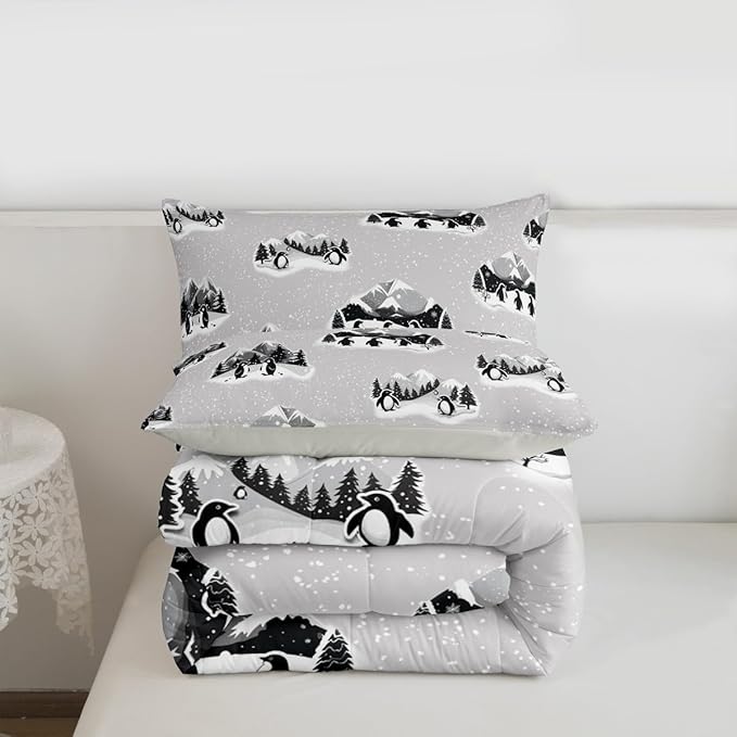 Feelyou Christmas Kids Comforter Set Twin Size Polar Penguin Bedding Set Snowflake Duvet Quilt for Kids Boys Girls Bedroom Winter Decor Microfiber Ultra Soft Breathable