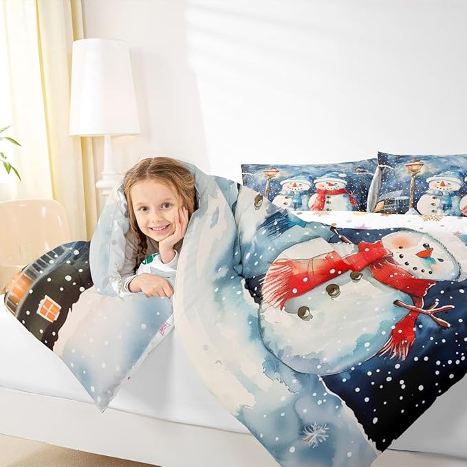 Feelyou Christmas Kids Comforter Set Full Size Blue Watercolor Snowman Bedding Set Xmas Winter Duvet Quilt for Kids Boys Girls Bedroom Snowflake Decor Microfiber Ultra Soft Breathable