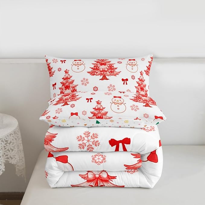Feelyou Merry Christmas Comforter Set Toddler Size Cute Snowman Bedding Set for Kids Boys Girls Cartoon Bowknot Duvet Quilt Christmas Tree Microfiber 2 Pcs with 1 Pillow Cases