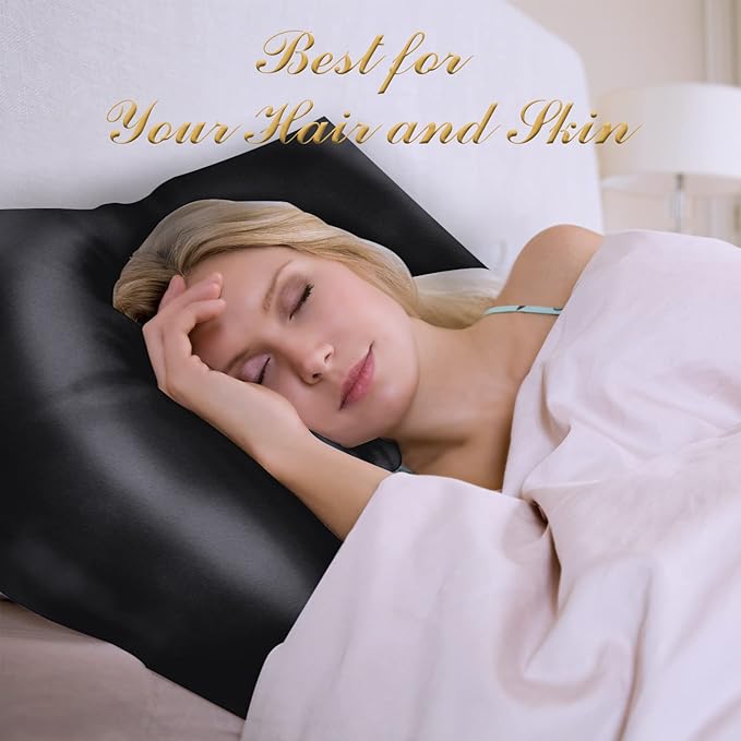 100% Mulberry Silk Pillowcase 2 Pack for Hair and Skin,with Hidden Zipper,Both Sides 22 Momme Natural Silk Pillow Cover,Soft Breathable & Smooth (Black, Standard)