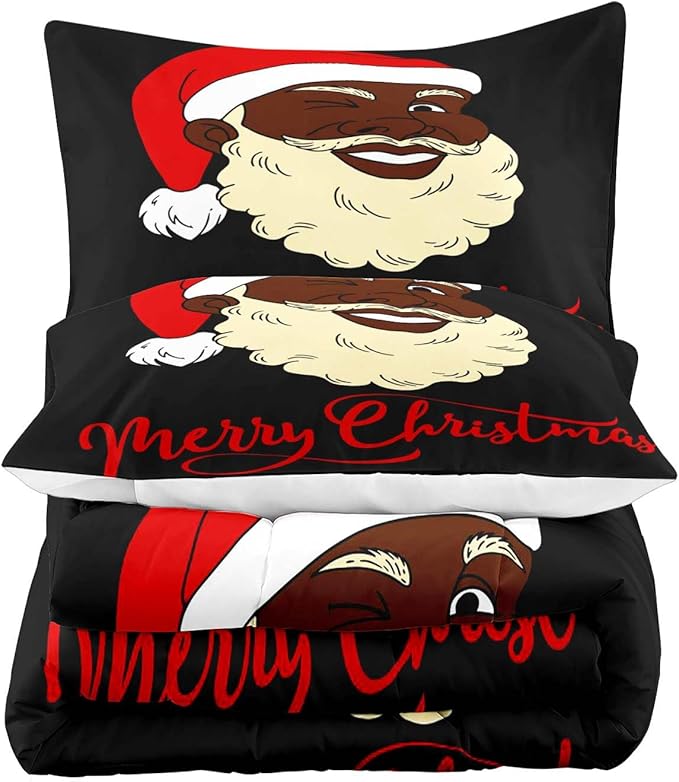 LUVIVIHOME 2PCS Christmas Comforter Set Twin Size, Funny African American Black Santa Claus Bedding, Winter Xmas Merry Christmas Bedroom Decor for Kids Boys Girls Teens, Xmas Gifts, 1 Pillow Sham