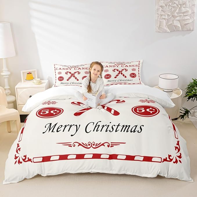 jejeloiu Christmas Bedding Set for Kids Boys Girls Christmas Quote Comforter Cover Set Twin Size Candy Canes Print Duvet Cover Bedroom Decor Xmas White Bedspread Cover Bedding Collection 2Pcs