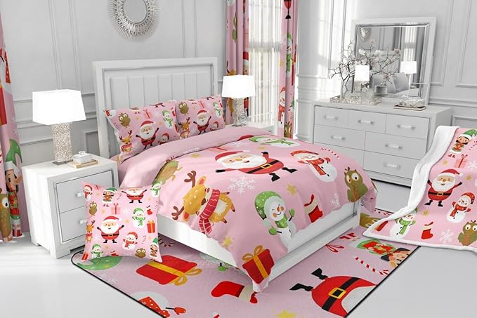 Erosebridal Merry Christmas Bedding Set for Kids Santa Claus Quilts Cute Cartoon Snowman Comforter Set Twin Size with 1 Pillow Case Xmas Snowflake Duvet Insert,Pink
