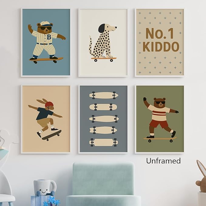 Skateboard Canvas Wall Art, Nursery Animal Sports Posters, Fashion Sunglasses Bear Athletes Pictures, No.1 Kiddo Inspirational Quote Print, Funny Skateboard Rabbit Dog Painting 8x12in Wrapped Canvas