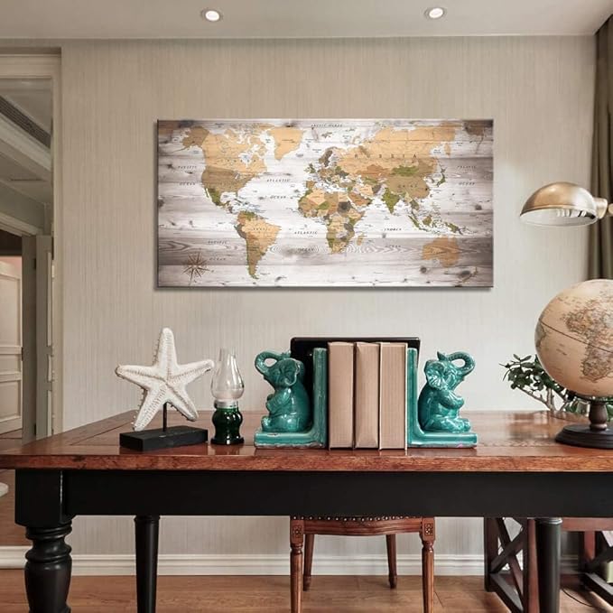 Large Wall Art grey map of The World Painting Ready to Hang 29"x58"Large Framed Wall Art World Map Canvas Map Decorations Artwork Prints