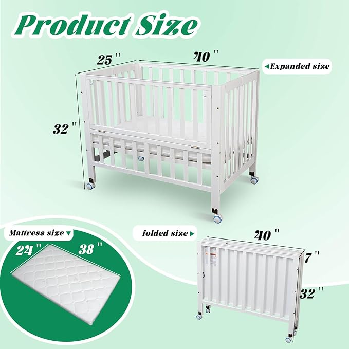 Foldable Mini Baby Crib - Portable 4-in-1 Convertible Baby Cribs,Pine Wood Bedside Bassinet,3 Heights Bassinet Bedside Sleeper with A Sponge Mattress,Wheeled,White