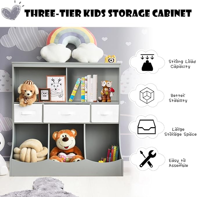 HONEY JOY Kids Toy Storage Organizer with Bookcase, 8-Cubby Organization Storage Cabinet w/Display Shelf & 3 Removable Fabric Bins, Wooden Toy Storage Unit for Playroom, Nursery Daycare(Gray)