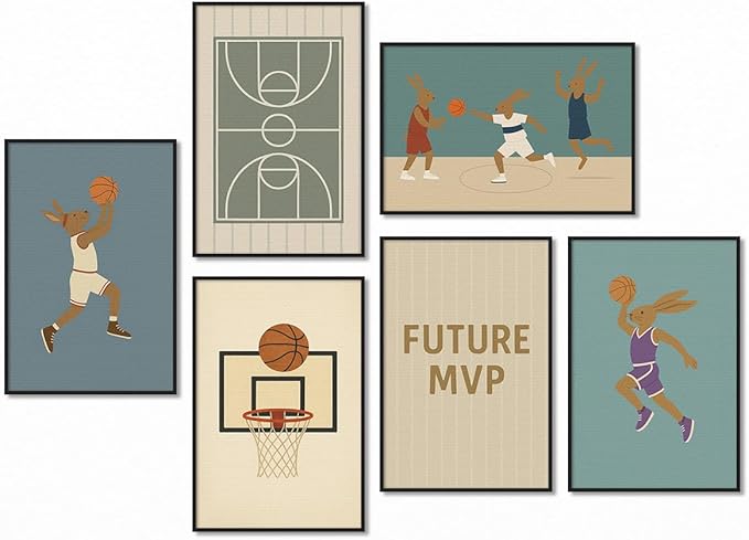 Basketball Canvas Wall Art, Nursery Animal Sports Posters, Bunny Rabbit Athletes Pictures, Positive Quote Print, Kids Bedroom Basketball Court & Hoop Decor 16x24in Wrapped Canvas