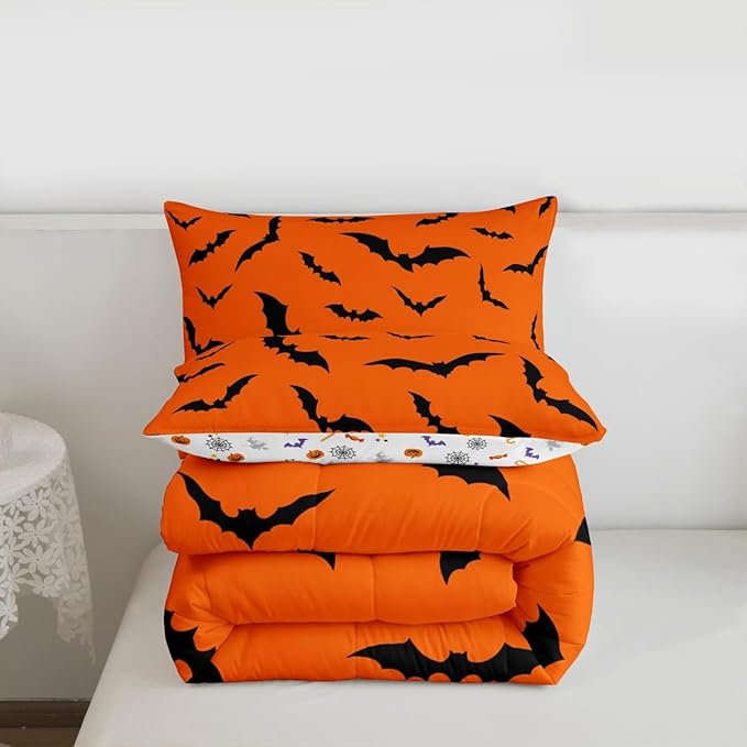 Erosebridal Halloween Comforter Set Gothic Bats Bedding Set Twin Size,Spooky Silhouette Bat Quilt for Kids Boys Girls Adults Flying Mysterious Animals Down Comforter,Horror Spooky Home Decor