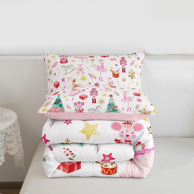 Feelyou Pink Christmas Kids Comforter Set King Size Ballet Nutcracker Bedding Set Snowflake Duvet Quilt for Kids Boys Girls Bedroom Decor Microfiber Ultra Soft Breathable
