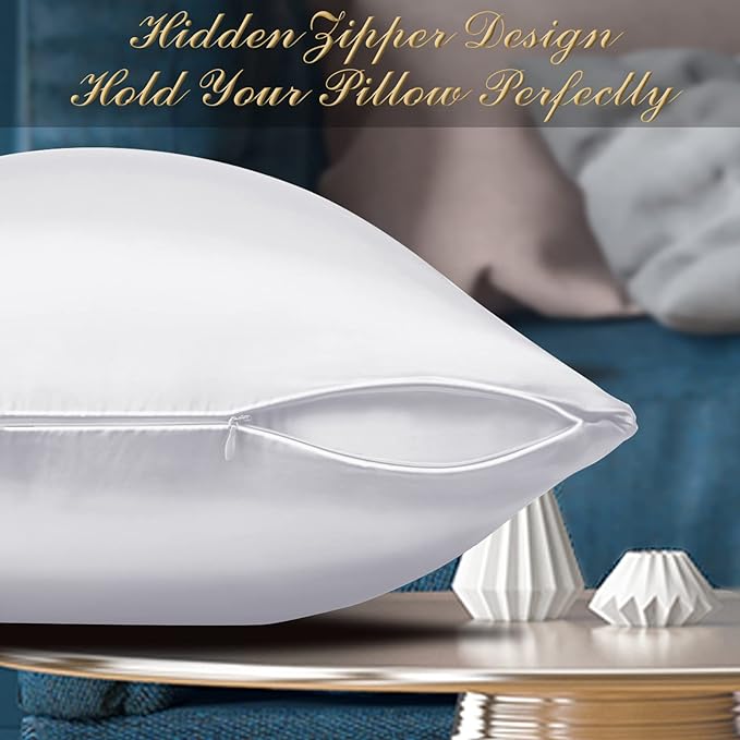 100% Mulberry Silk Pillowcase 2 Pack for Hair and Skin,with Hidden Zipper,Both Sides 22 Momme Natural Silk Pillow Cover,Soft Breathable & Smooth (White, Standard)