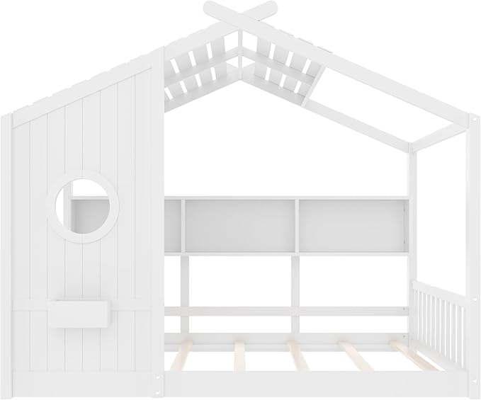 Full Size Floor House Bed with Roof and Window for Kids, Wooden Playhouse Bed with Storage Shelves for Bedroom Furniture Girls & Boys (White/L1, Full)