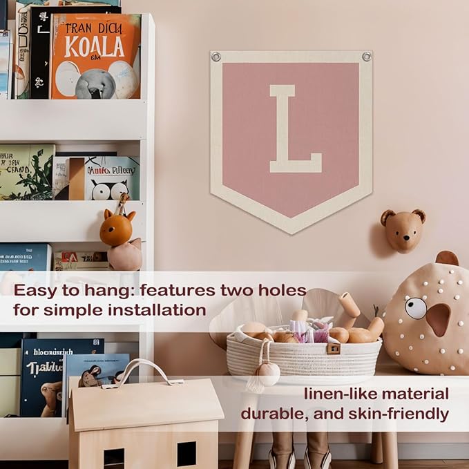 Lacama Baby Shower Decor Gifts, Pink Initial Personalized Preppy Banner, Baby Girl Nursery Decor, Initial Pennant，Vintage Room Decor Toddler Room Bedroom Playroom Front Door Birthday Gift(L)