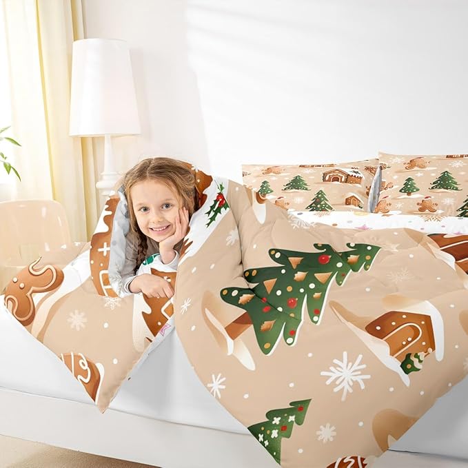 Feelyou Christmas Bedding Set Soft for Boys Girls, Gingerbread Man Comforter Set Full Size Snowflake Duvet Quilt Microfiber Xmas Tree Bedroom Decor 3 Pcs with 2 Pillow Cases