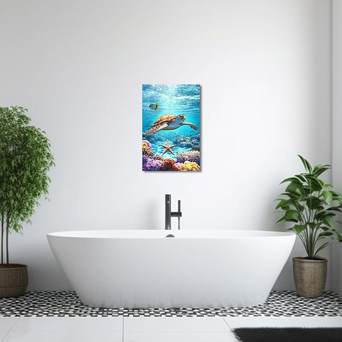 AWPANERAR Sea Turtle Wall Art Bathroom Pictures Watercolor Sea Life Canvas Prints Ocean Animal Poster Nautical Theme Artwork for Kids Room Nursery Decor Framed (Green, (30L x 20W))