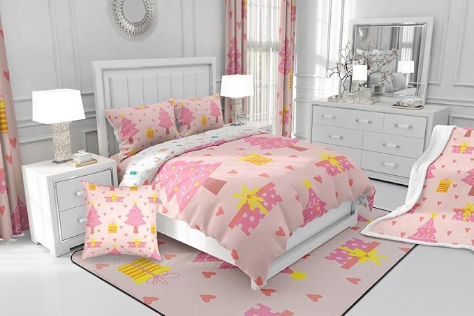 Erosebridal Merry Xmas Quilts Twin Size Pink Christmas Tree Comforter Set Reversible Cartoon Style Bedding Set Happy New Year Duvet Insert for Boys Kids Bedroom Decor with 1 Pillow Case