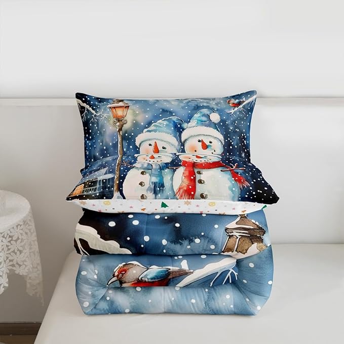 Feelyou Christmas Kids Comforter Set King Size Blue Watercolor Snowman Bedding Set Xmas Winter Duvet Quilt for Kids Boys Girls Bedroom Snowflake Decor Microfiber Ultra Soft Breathable