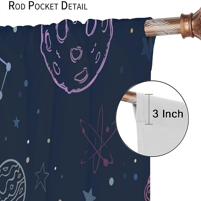 Navy Blue Space Curtains, Cartoon Outer Space Stars Planets Theme Galaxy Curtains for Kids Teens Bedroom Nursery Toddlers Room 72" W X 63" L