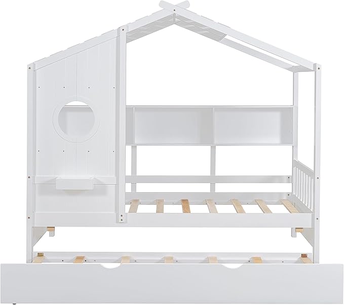 Twin Size House Bed with Roof and Window for Kids, Wooden Playhouse Bed with Storage Shelves and Trundle for Bedroom Furniture Girls & Boys (White/T1)