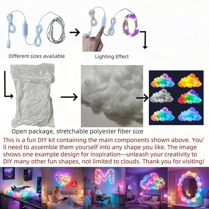 LED Cloud Light with Music Rhythm,DIY USB-Powered Thundercloud LED Light Decor for Bedroom & Gaming Room - USB Powered,Vibrant Glow, No Drill Roof for Christmas/New Year Gifts (6.56ft)
