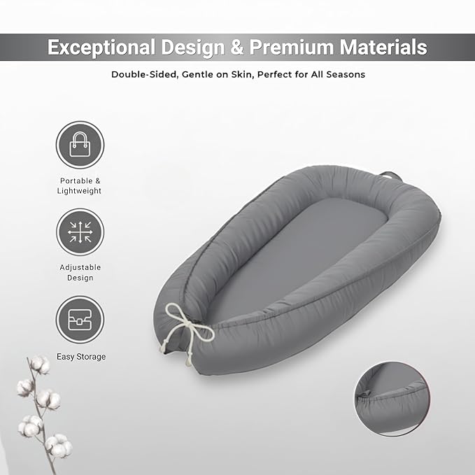 Baby Lounger – Infant Lounger for Newborn 0–24 Months, Baby Nest Lounger, Portable Newborn Lounger, Soft Breathable Cotton, Essentials for Babies at Home and Travel, Grey Solid