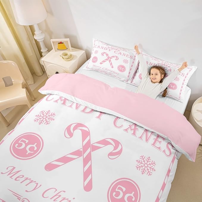 jejeloiu Christmas Bedding Set Queen Size Kids Christmas Quote Comforter Cover Set for Boys Girls Teens Candy Canes Print Duvet Cover Xmas Bedspread Cover Room Decorations Pink Quilt Cover